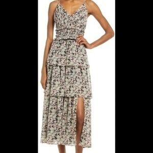 Floret Studios Women's Black Pink Floral Smocked Tiered Midi Dress XS‎